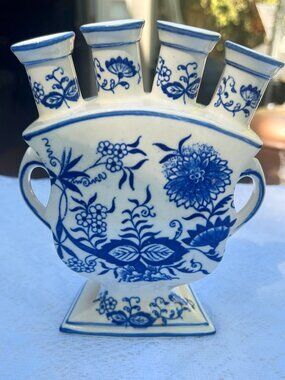 European Vintage Delftware Style Blue and White Ceramic Tulipiere Hand Painted B